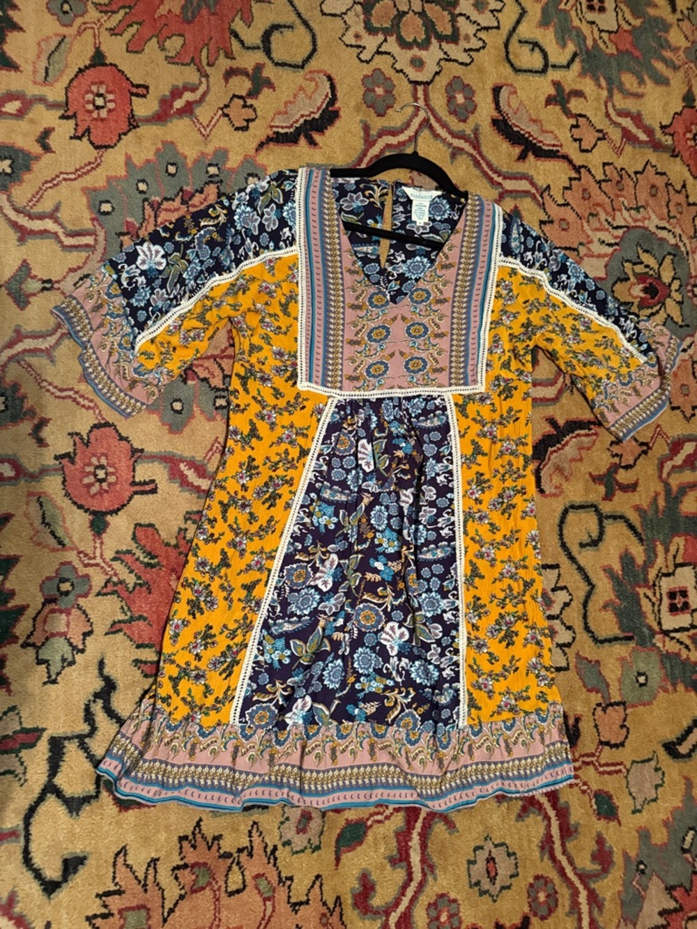 Sundance Floral Patchwork Dress in Mustard and Navy - Cute Summer Style med 39”